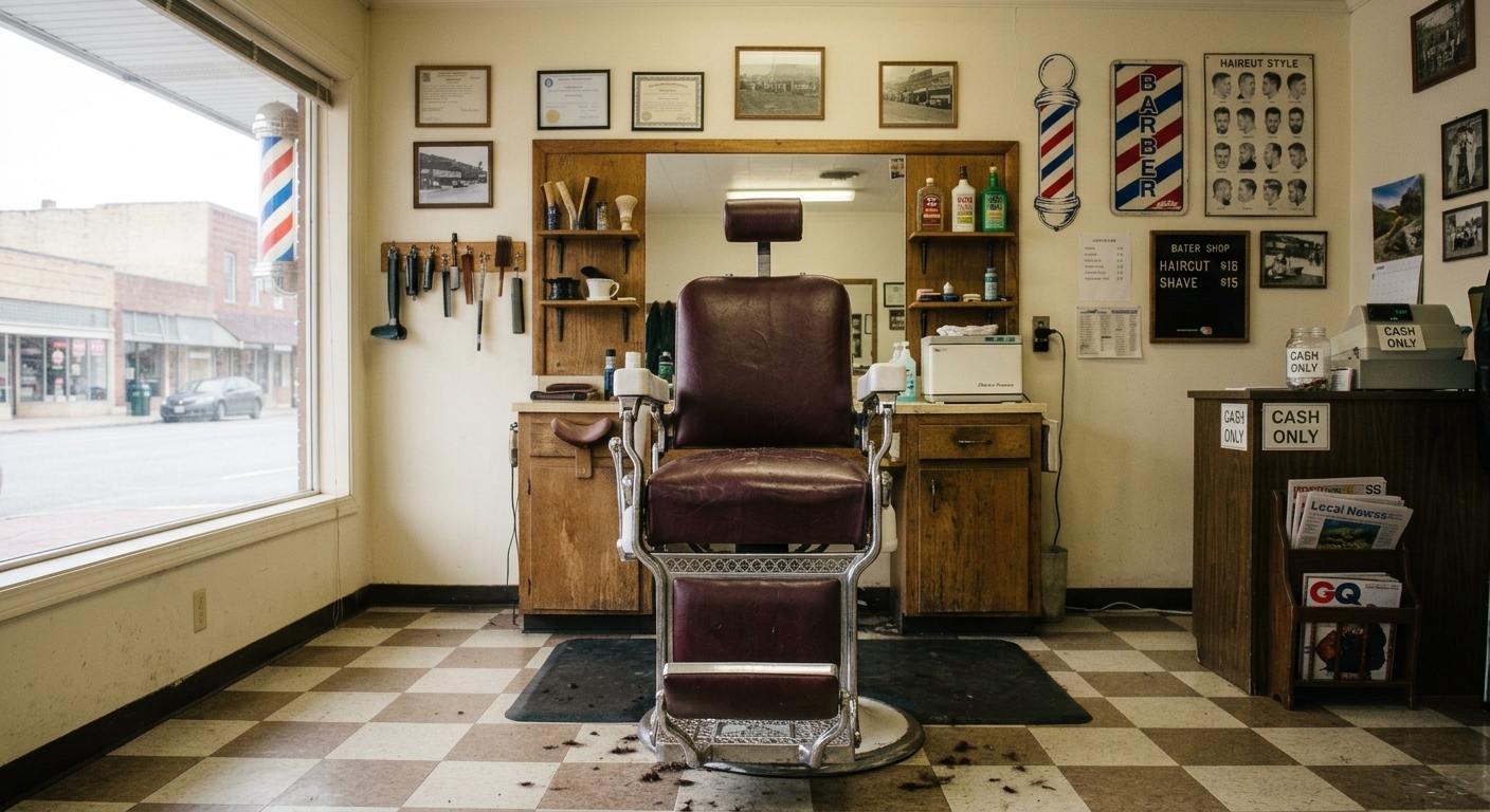 A vintage barber chair sits centre stage in Bright & Co Barbers, framed by a barber pole, checkerboard floor and wall of vintage barbering photographs.